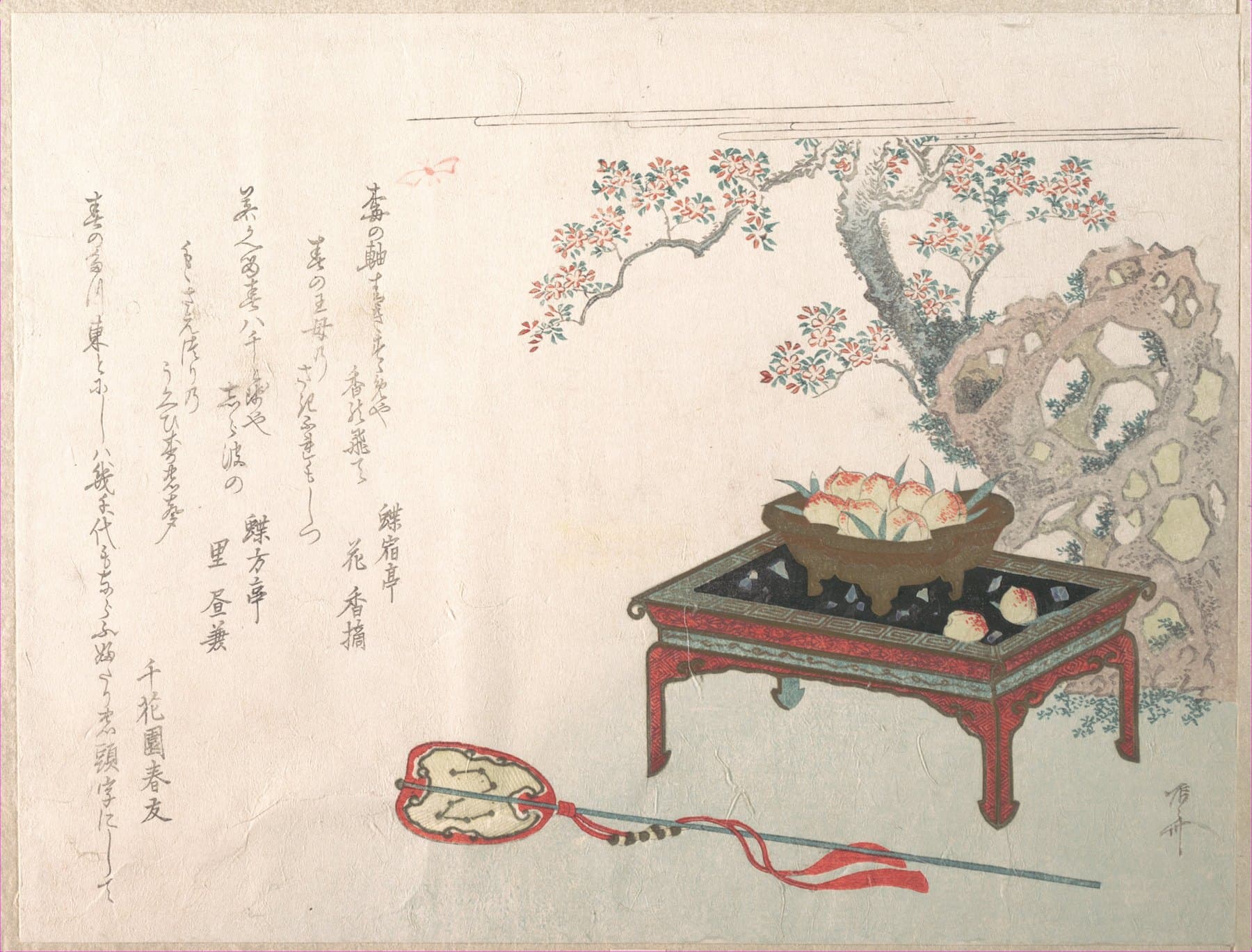 A surimono print. Peaches are piled in a bowl on a red lacquer stand, with a flowering tree and a stone with holes behind it
