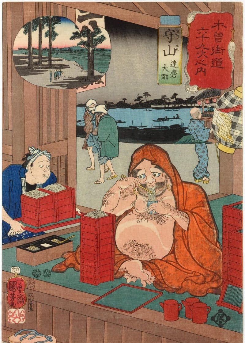 木版画。山のように積んだせいろの前で、達磨大師が箸でそばをすすり、店の男が次のせいろを運んでくる