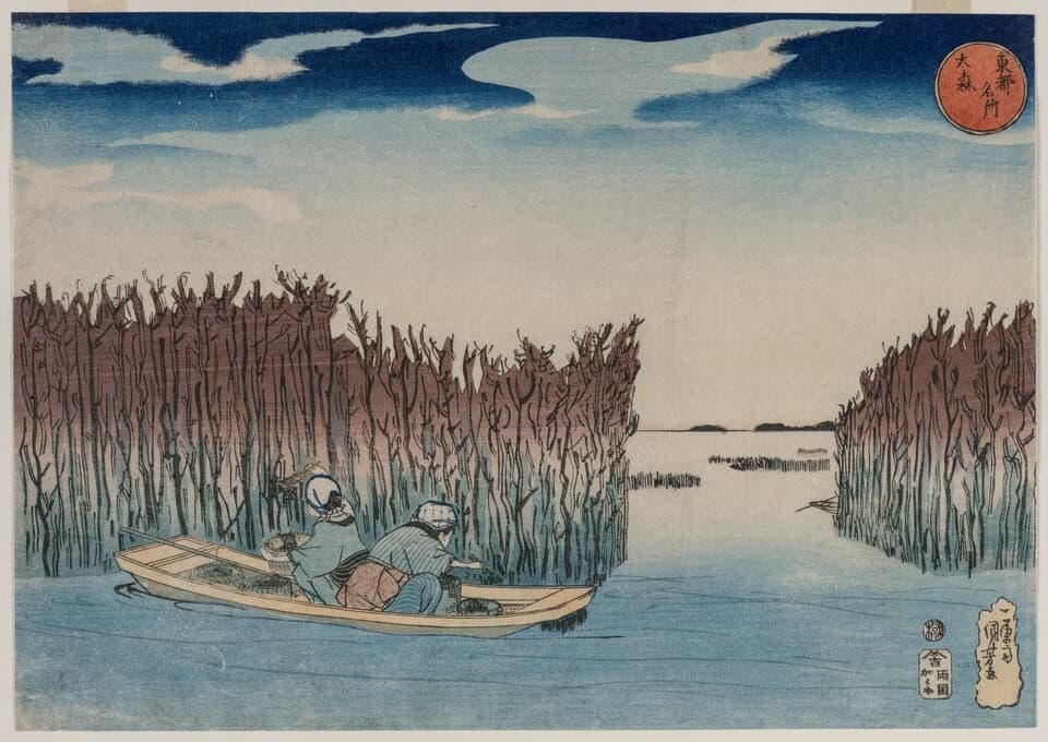 Edo-period ukiyo-e print. Two women in a small boat pick seaweed in shallow sea water full of rows of seaweed-growing poles