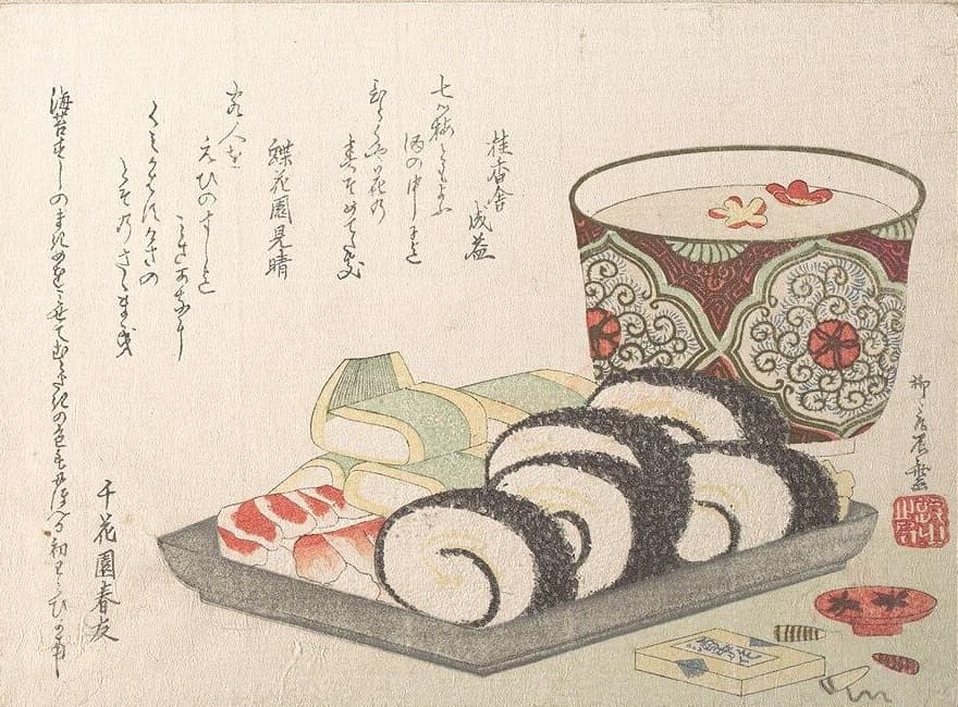 Edo-period surimono print. Sushi such as nori rolls on a square dish, a large sake vessel with petals floating in it at the back, and small dishes in front