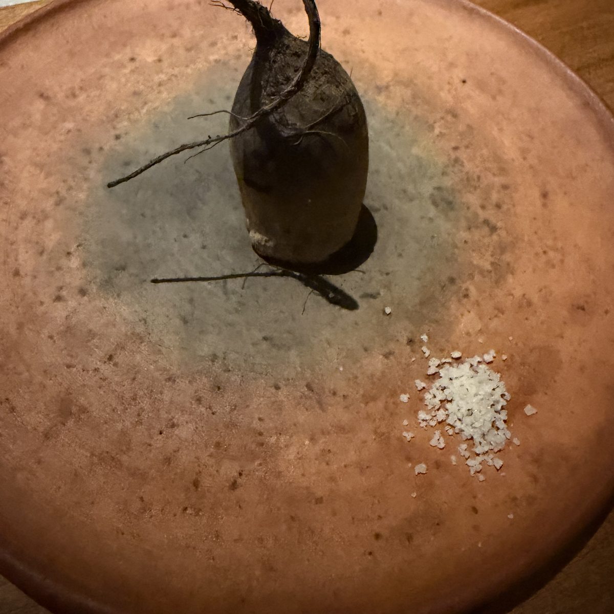 A roasted vegetable, served simply on earthenware with a small mound of salt.