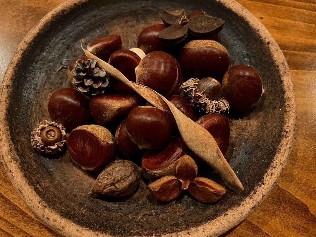 Chestnuts, pine cones and nuts on an earthenware plate.