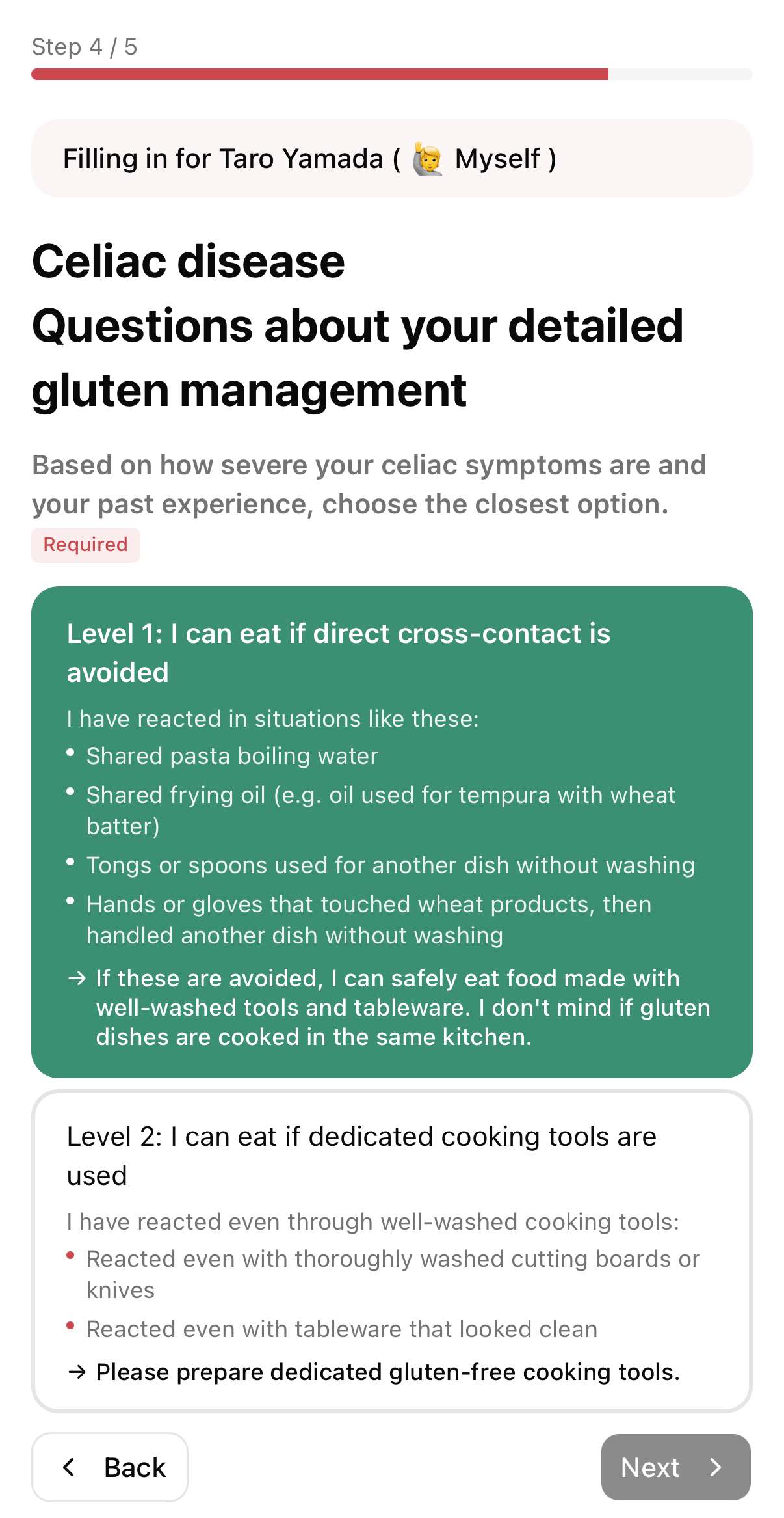 The food profile form on a phone: choosing a cross-contact level for celiac disease.