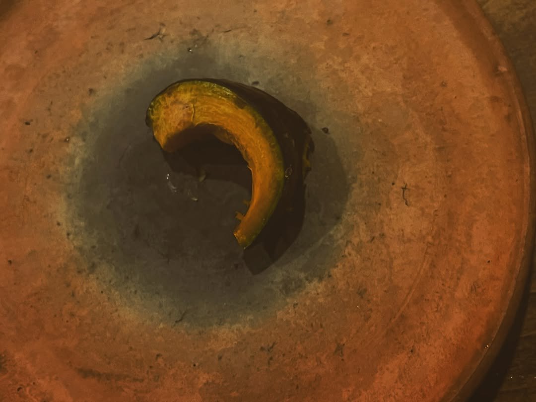 A wedge of kabocha squash on a clay plate.