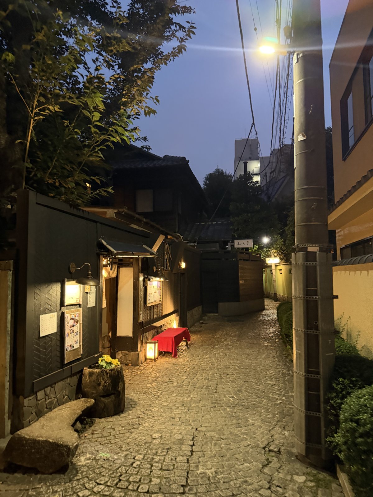 A lantern-lit stone lane in Kagurazaka at dusk.
